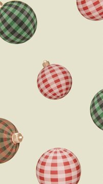Vertical 3d Christmas tree New Year falling ornaments baubles loop animation plaid gingham tartan checkered red green beige background pastel pattern spherical matte metallic vintage retro holiday