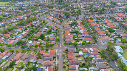 Panorama aerial drone view of western Sydney Suburbs of Canterbury Burwood Ashfield Marrickville...
