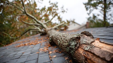 Large fallen tree trunk rests precariously across the asphalt shingles of a residential building roof.