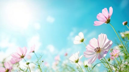 Obraz premium Cosmos Field of vibrant pink and white cosmos flowers swaying in the gentle breeze under a bright blue sky.