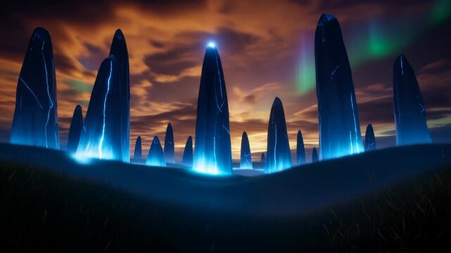 Ancient standing stones illuminated by glowing blue light under an aurora sky, revealing the secrets of an extinct civilization, footage.