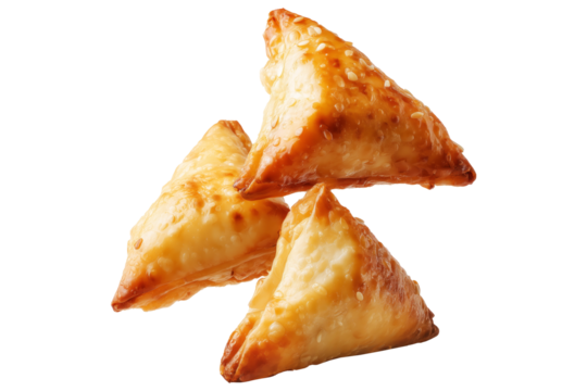 Briouat triangular fruit filled pastries, phyllo pastries filled with meat or almonds isolated on white transparent background, concept of Arabic sweet baked desserts