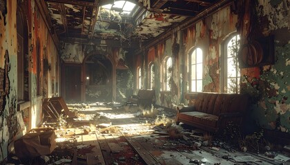 A dilapidated interior shows the ruins of a building with peeling walls and natural light