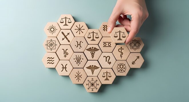 Hand arranging wooden hexagonal zodiac symbols forming a heart shape - Powered by Adobe