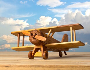 A handcrafted wooden biplane toy rests on a wooden surface against a backdrop of clouds