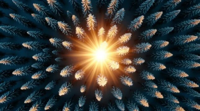 Aerial top view of pine forest in winter with golden sunburst light and magical symmetry