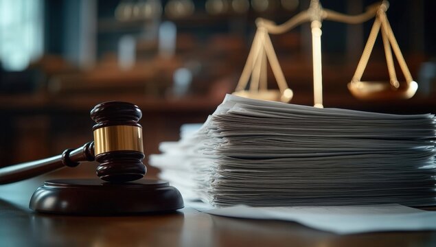 A gavel and scale of justice sit beside a stack of documents, symbolizing law, order, and the judicial system in a courtroom setting.