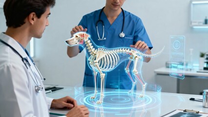 Veterinarian in bright clinical environment using holographic AR interface with rotating 3D model of dog skeleton, futuristic medical technology concept, cinematic lighting, ultra-sharp 8K professiona