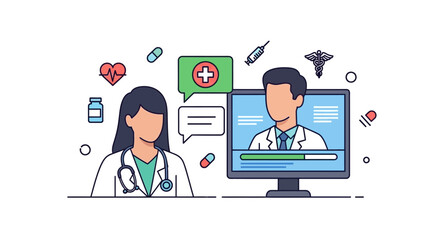 Digital healthcare and virtual medical consultation services connecting doctors and patients remotely for online support and expert advice