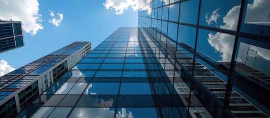 Reflective skyscrapers, modern office buildings. Reflecting skyscrapers under a blue sky with scattered clouds.
