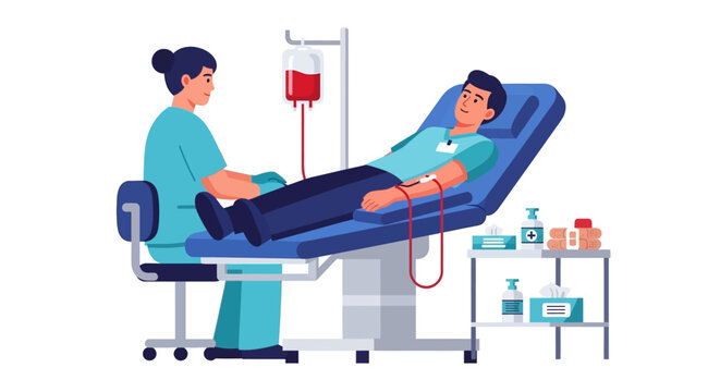 Blood Donation Illustration A patient receiving blood, attended by a nurse