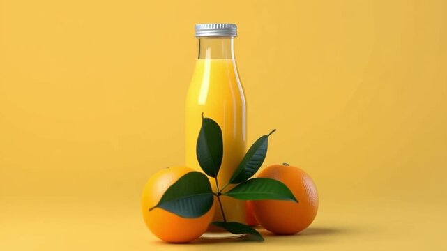 Fresh orange juice in a glass bottle isolated on a bright yellow background