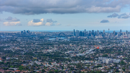Panorama aerial drone view of western Sydney Suburbs of Canterbury Burwood Ashfield Marrickville...