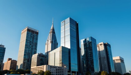 Obraz premium Reflective skyscrapers, modern office buildings. Modern skyscrapers under a clear blue sky in an urban setting.