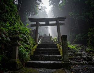 神秘的な薄暗い森の中の石の鳥居と階段