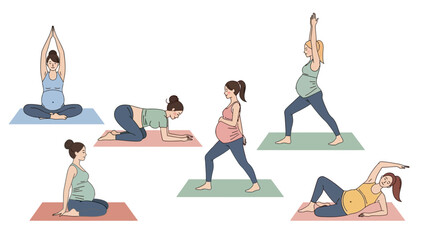 A cartoon illustration of five pregnant women doing various yoga poses on colored mats against a white background