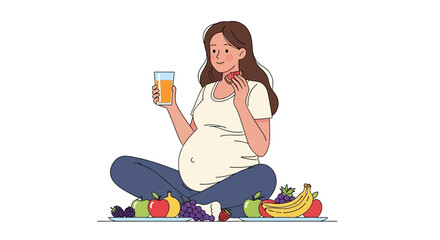 A cartoon of a pregnant woman sits eating fruit and drinking juice