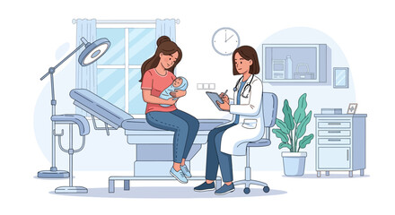 A doctor consults with a woman holding a baby in a medical office setting