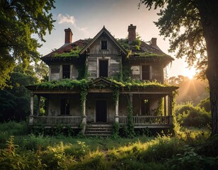 A dilapidated, two-story house, overgrown with vegetation, bathed in morning sunlight