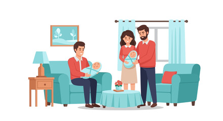 A family of three holding babies in a living room setting with furniture and decor