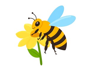 A happy animated insect with yellow and black stripes hovering near a yellow flower