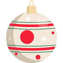 A cream colored round Christmas ornament with red stripes and green trim adorned with red and white polka dots hanging from a beige cap and loop against a transparent background