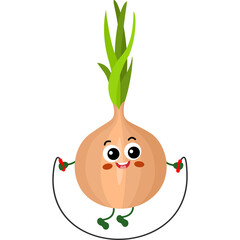 A Cute Cartoon Onion Character With Green Sprouts Engaged in Jumping Rope Activity on a White Background.