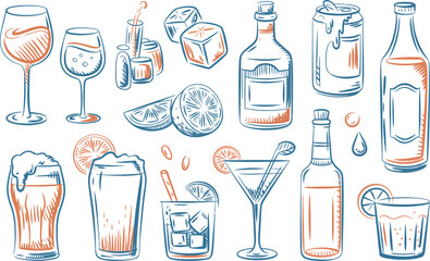 Hand drawn collection of alcoholic and non alcoholic drinks