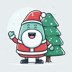 Cute Christmas mascot illustration with santa and christmas tree