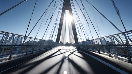 Elevated pathway of a modern suspension structure illuminated by bright sunlight