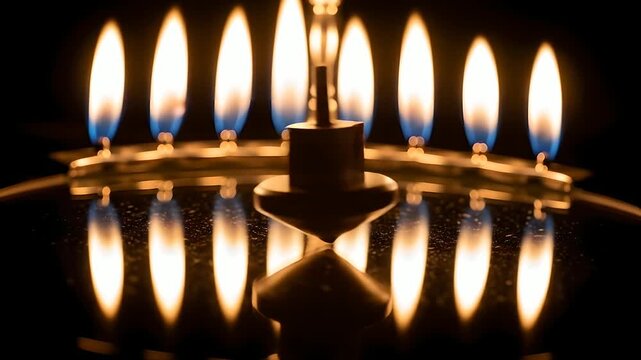 Hanukkah menorah flames glow, dreidel spins. Jewish holiday celebration, tradition and reflection. Use for religious content, cultural events, historical videos, and festive season promos.