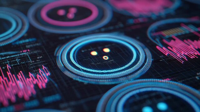 Macro view of holographic emojis and graphs representing real-time sentiment analysis, futuristic digital background, sentiment analysis ai - Powered by Adobe