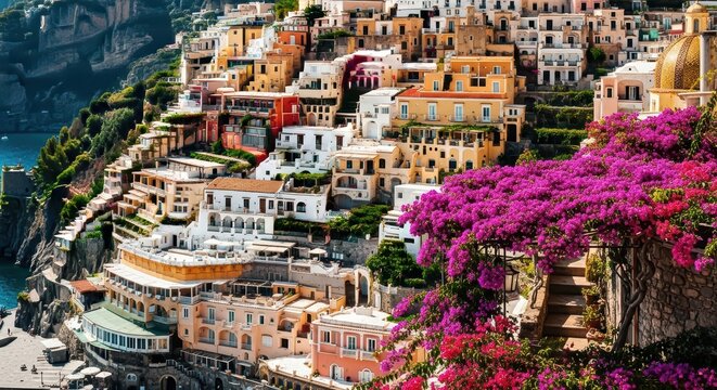Colorful cliffside houses and bougainvillea in positano on the amalfi coast