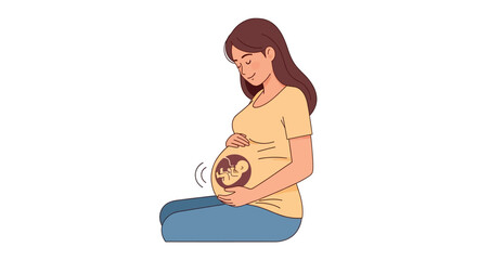 A pregnant woman sits hands on her belly which features an image of a fetus in utero