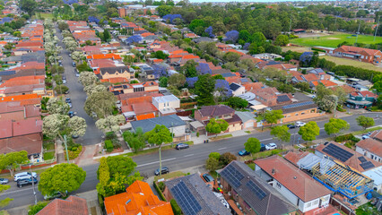 Panorama aerial drone view of western Sydney Suburbs of Canterbury Burwood Ashfield Marrickville...