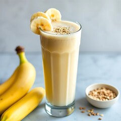 Refreshing banana smoothie topped with sliced bananas and granola for a healthy breakfast or snack
