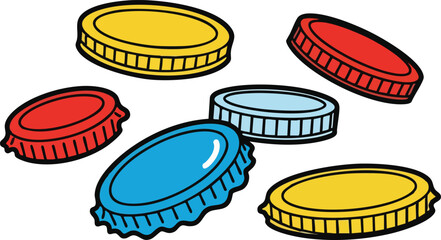 Assortment of Colorful Bottle Caps Scattered on a White Background