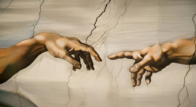 Timeless depiction of creation with two reaching hands and cracked surface