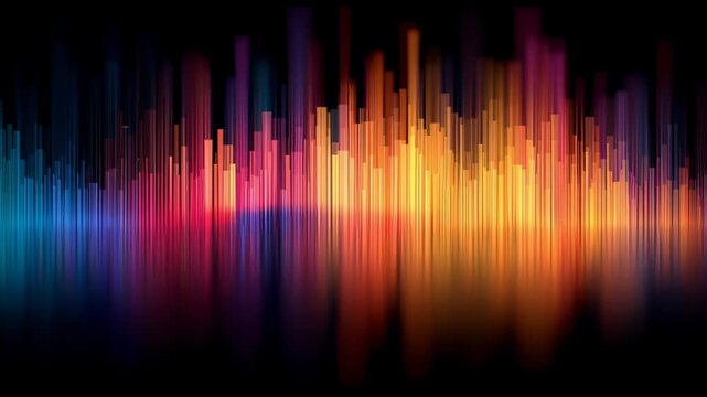 A colorful line of buildings with a black background. Macro view of colorful sentiment spectrum visualized by artificial intelligence, glowing gradient background, sentiment analysis ai