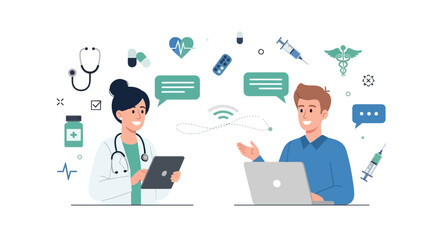Female doctor providing an online consultation to a male patient via modern technology, a concept for telemedicine and virtual healthcare