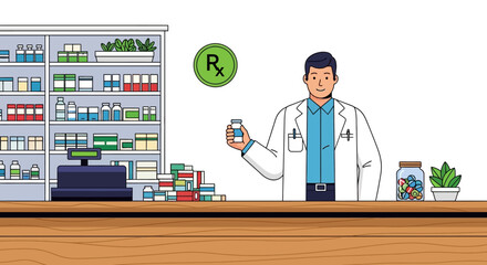 Pharmacist at a pharmacy counter a professional in a white coat with medicine in hand