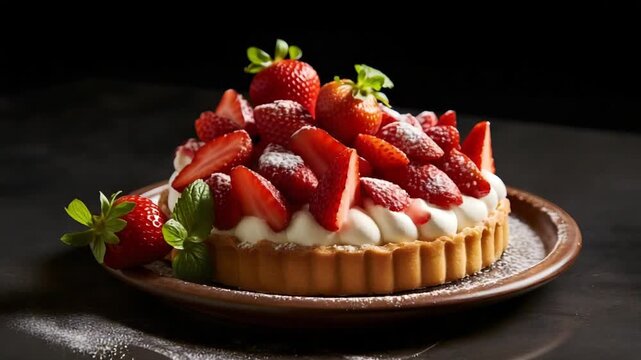 Delicious strawberry tart with cream isolated on a dark background
