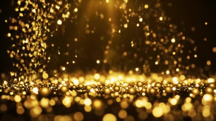 Millions of tiny shimmering golden glitter particles cascade gracefully against an inky black abstract background with golden bokeh, bathed in soft ethereal light. Luxurious festive celebration - Powered by Adobe