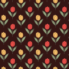 Retro tulip seamless pattern on a brown background