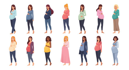 Array of 14 pregnant women in various casual outfits diverse hair skin tones barefoot