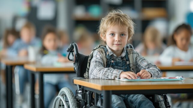 A young boy in a wheelchair engages in a classroom setting, surrounded by classmates, demonstrating inclusivity and focus on education.
