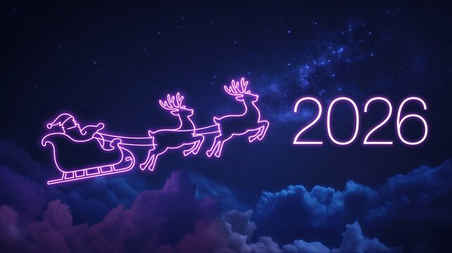 Whimsical neon silhouette of santa claus s sleigh pulled by reindeer against a starry night sky with the year 2026 glowing brightly