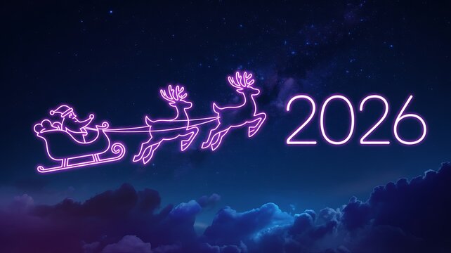 Neon santa claus sleigh with reindeer flying across a starry night sky with the year 2026 illuminated in glowing pink neon lights