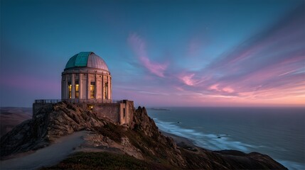 Fototapeta premium Historic astronomical building sits atop a rocky coastal bluff during twilight hours