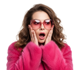 Astonished woman in pink fur coat and oversized spectacles expressing immense shock